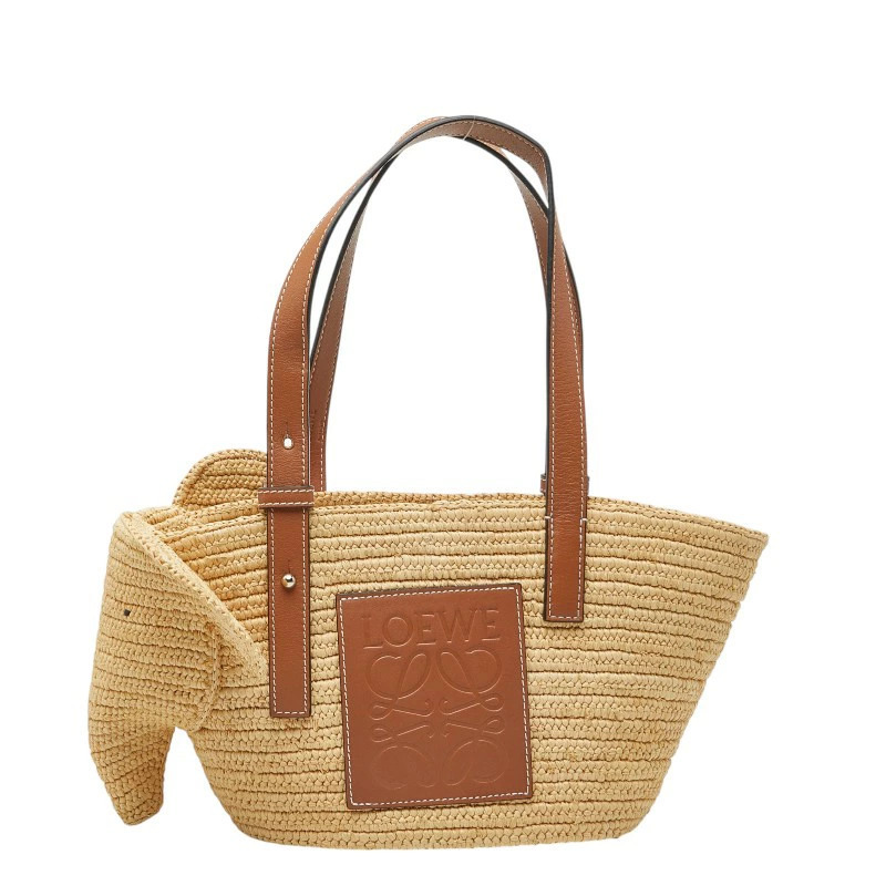 Loewe Elephant Basket Bag Handbag Beige Brown Raffia Leather